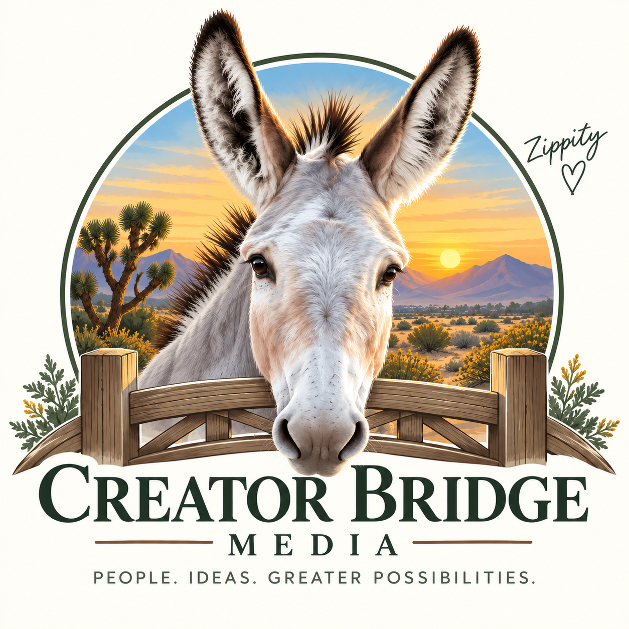 Creator Bridge Media logo featuring Zippity the donkey at a wooden bridge in a Southwestern landscape